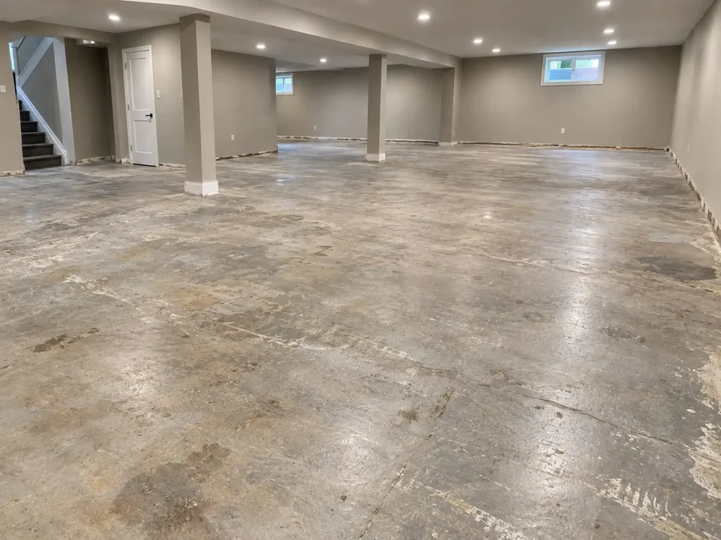 The same basement after new laminate flooring